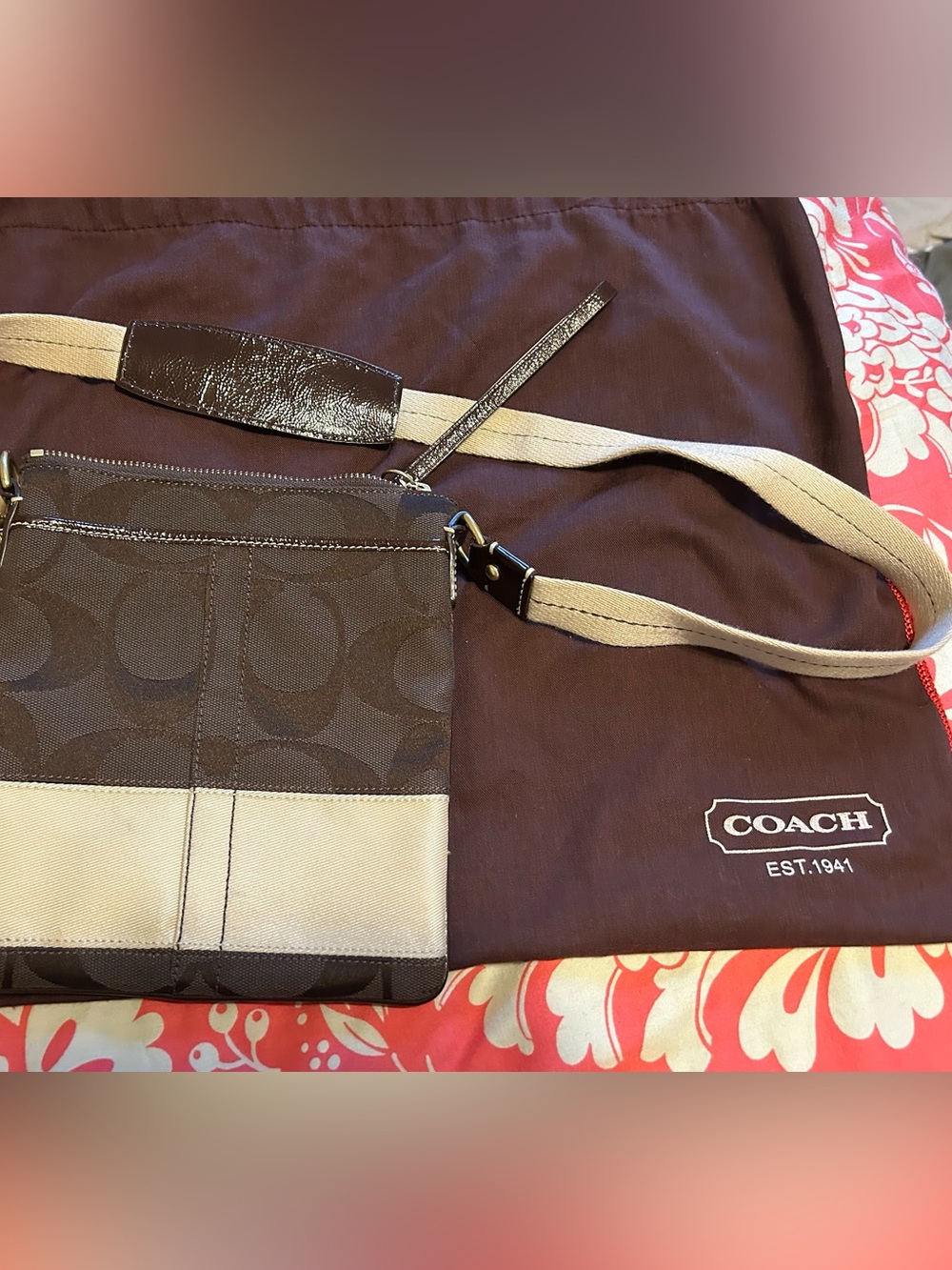 Coach Brown and Cream Signature Crossbody Bag